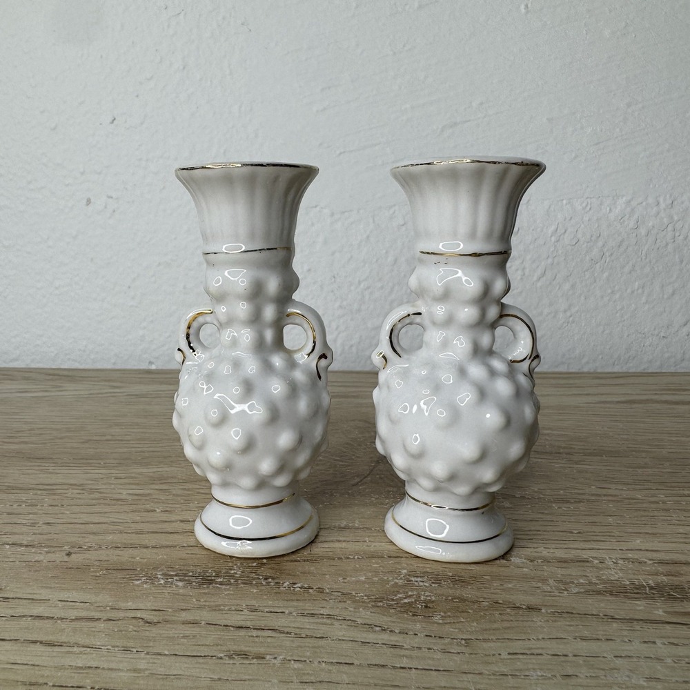 Vintage Ceramic Mini Hobnail Hobnob White Vases Set Of 2 Gold Trim Japanese Made